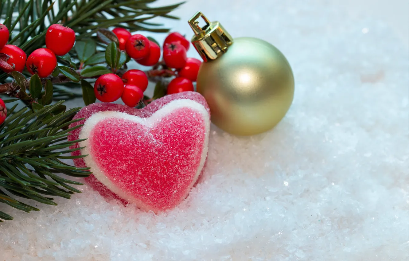 Фото обои зима, снег, ягоды, сердце, новый год, шар, рождество, berry