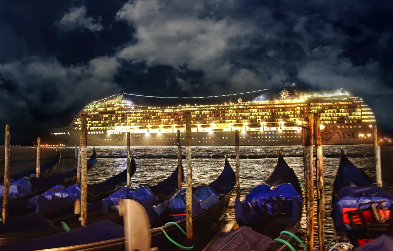 Фото обои ночь, корабль, Италия, Венеция, Italy, night, гондолы, Venice