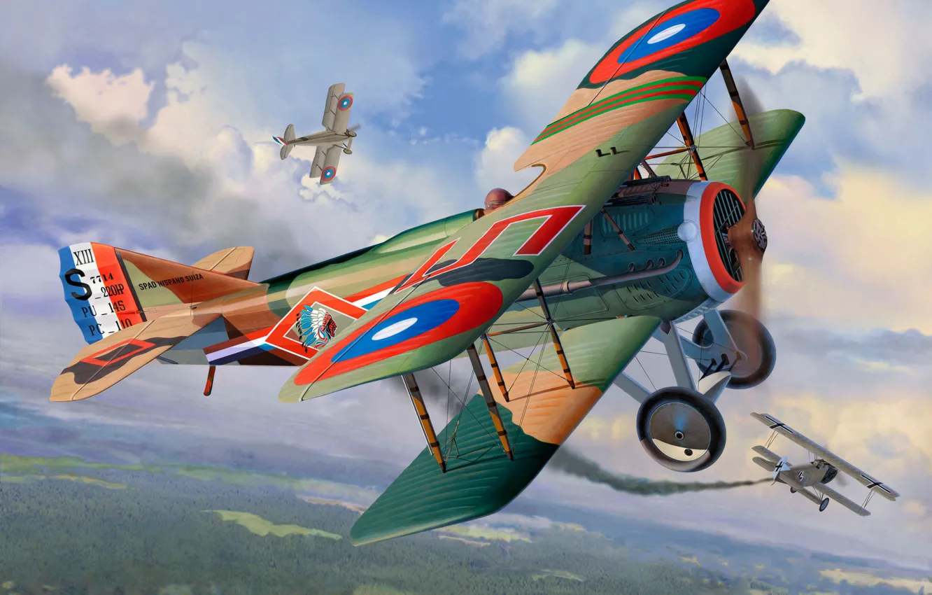 Фото обои war, art, airplane, painting, WWI Fighter SPAD XIII