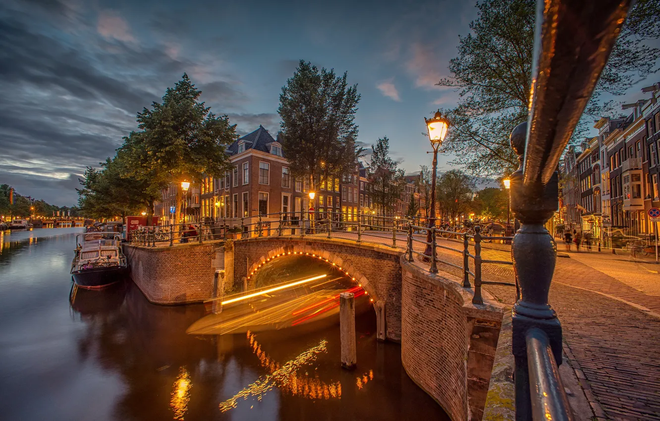 Фото обои деревья, мост, огни, здания, дома, вечер, Амстердам, фонарь