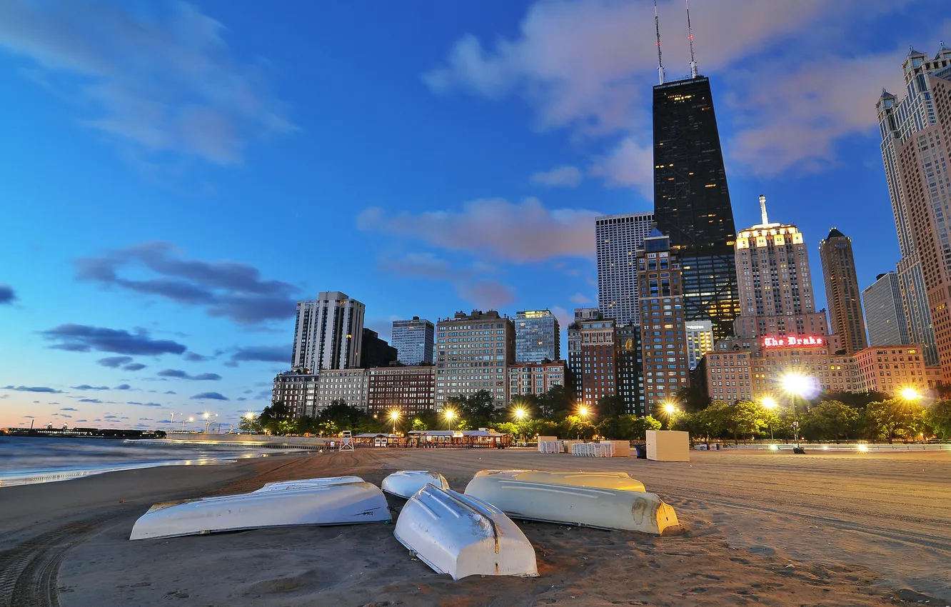 Фото обои пляж, город, лодки, вечер, Чикаго, США, Chicago, illinois
