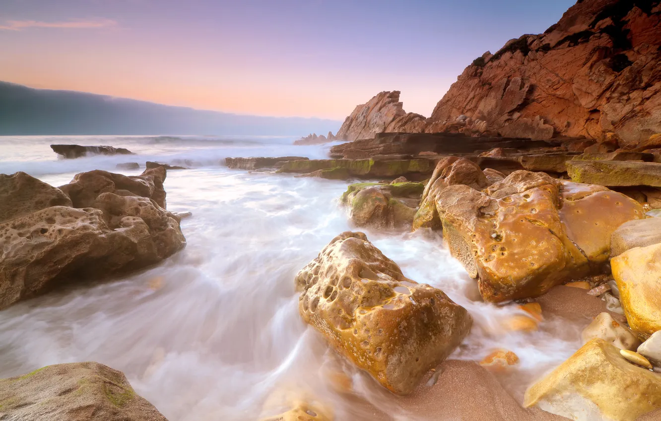 Фото обои море, пляж, камни, океан, скалы, берег, Закат, вечер