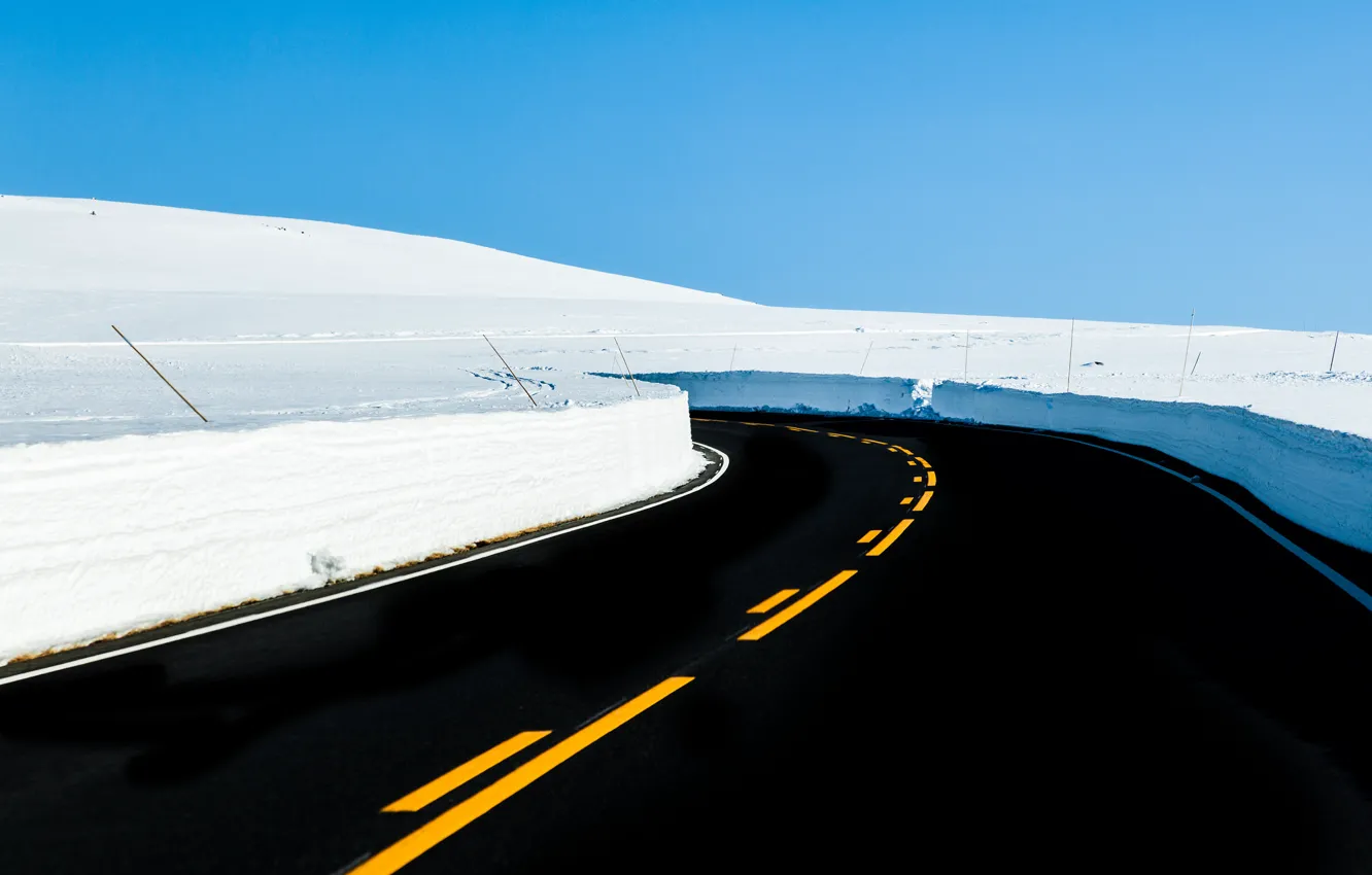 Фото обои дорога, небо, снег