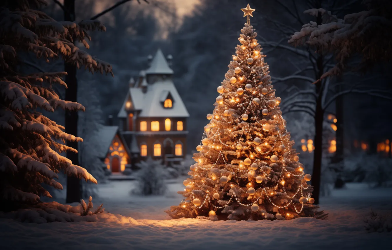 Фото обои зима, снег, ночь, елка, Рождество, Новый год, Christmas, night
