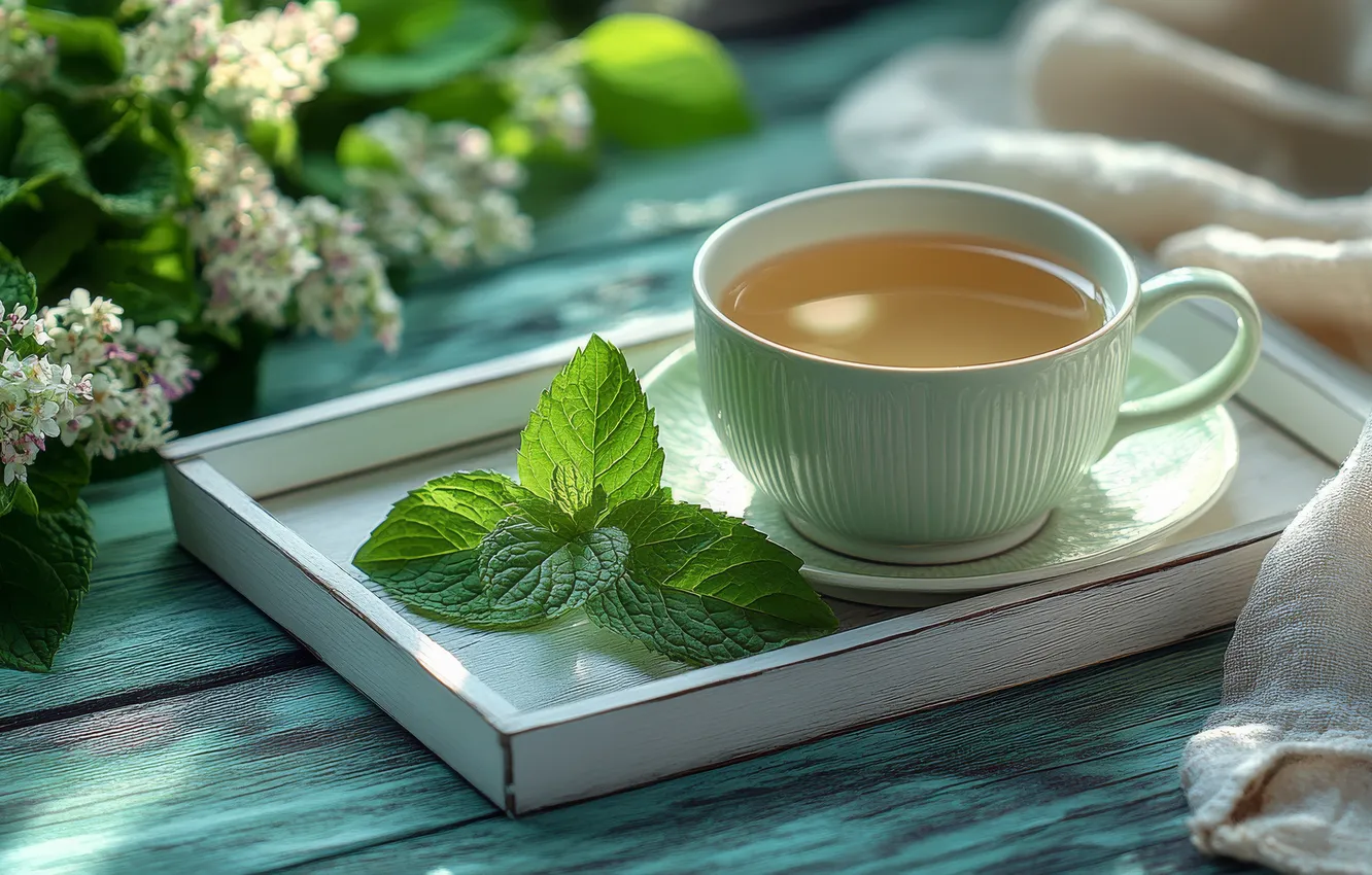 Фото обои зелень, свет, цветы, стол, чай, доски, полотенце, букет