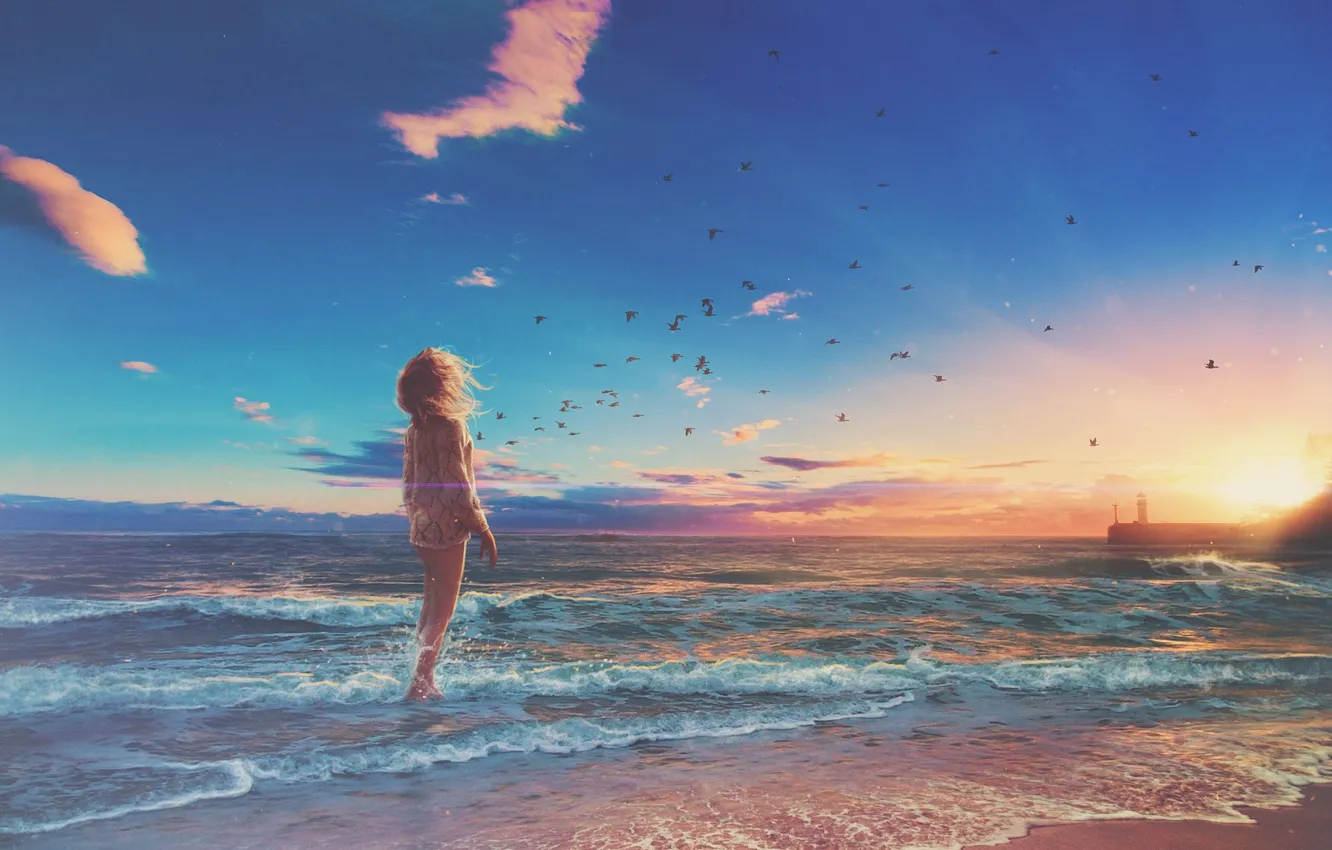 Фото обои море, волны, пляж, девушка, птицы, маяк, горизонт, waves