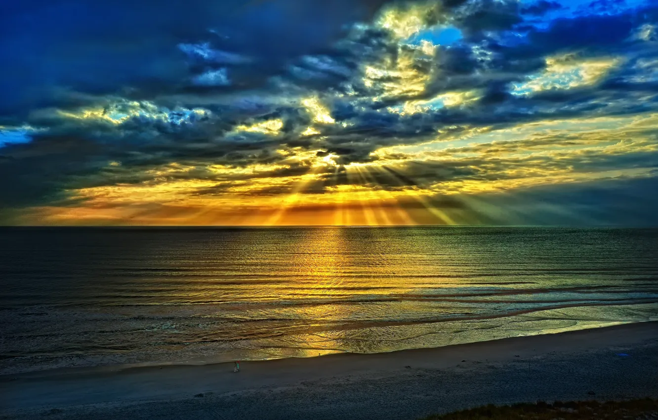 Фото обои море, пляж, небо, облака, пейзаж, синий, природа, восход солнца