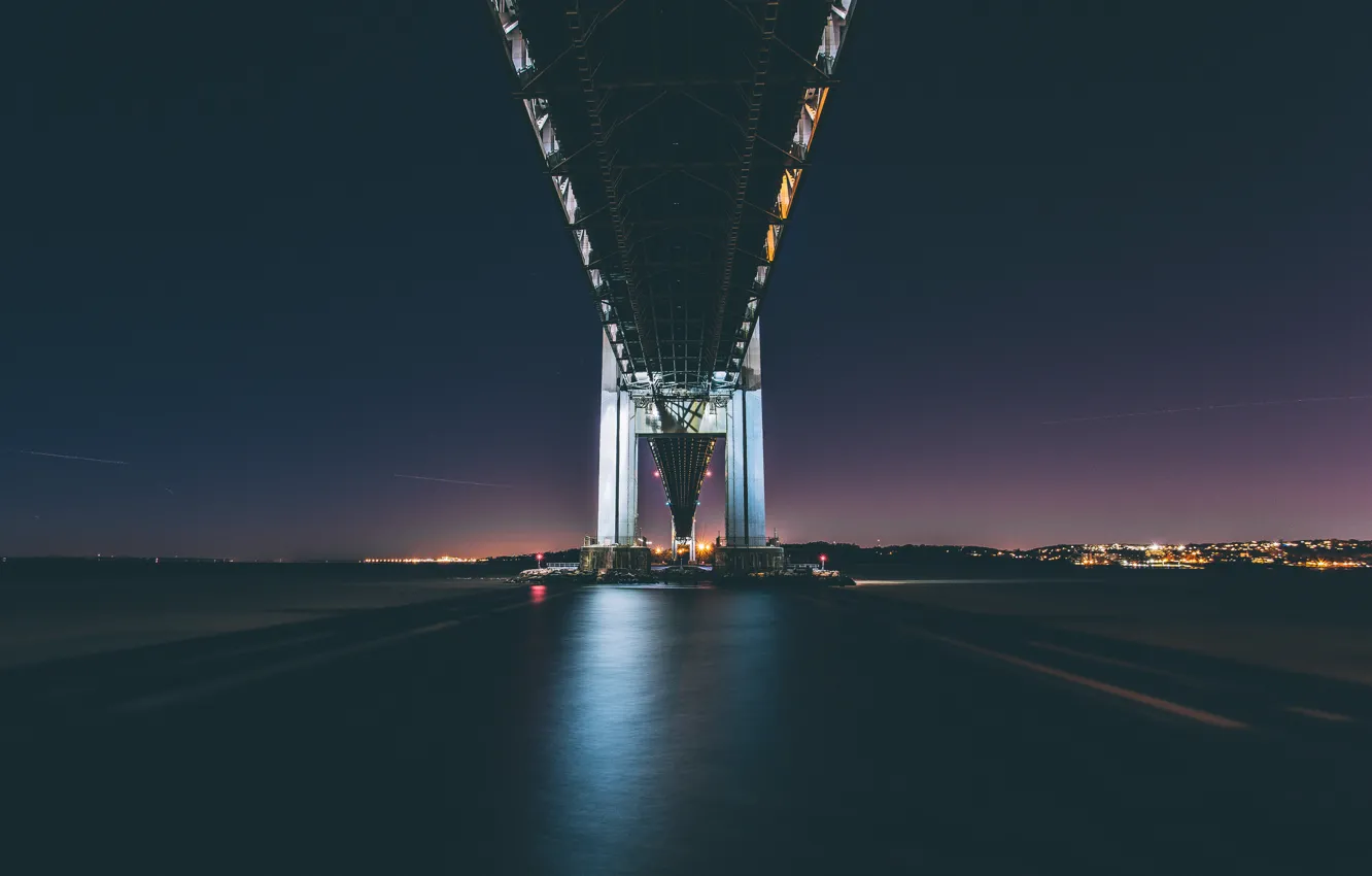 Фото обои ночь, огни, отражение, река, Нью-Йорк, зеркало, Соединенные Штаты, Мост Верразано