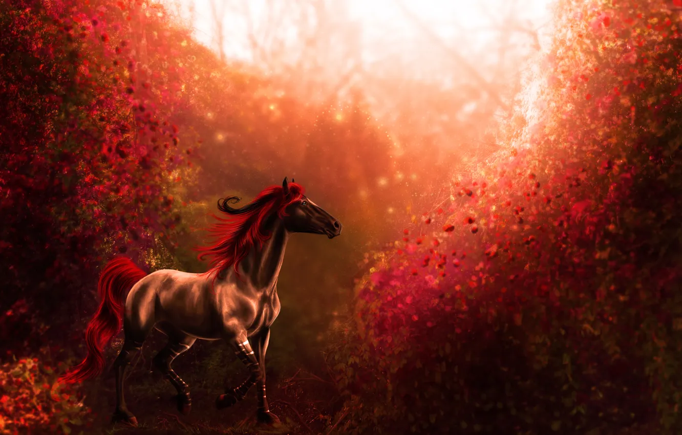 Фото обои листья, животное, лошадь, хвост, копыта, красная грива