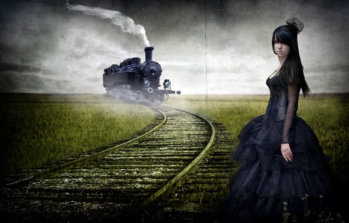 Фото обои дорога, девушка, стиль, поезд