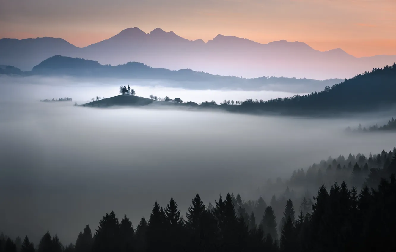 Фото обои лес, небо, горы, туман, церковь
