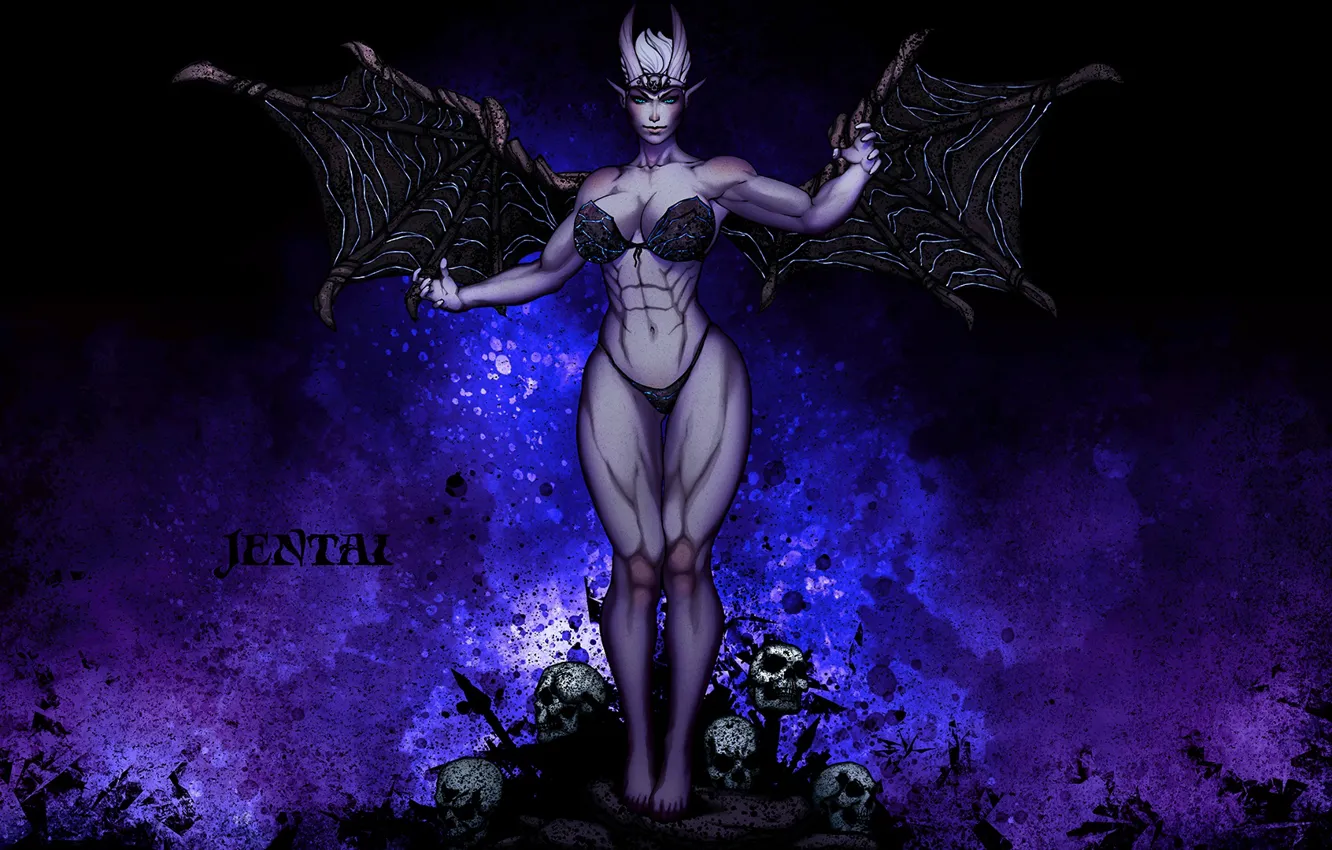 Фото обои грудь, девушка, крылья, арт, вампир, jentai