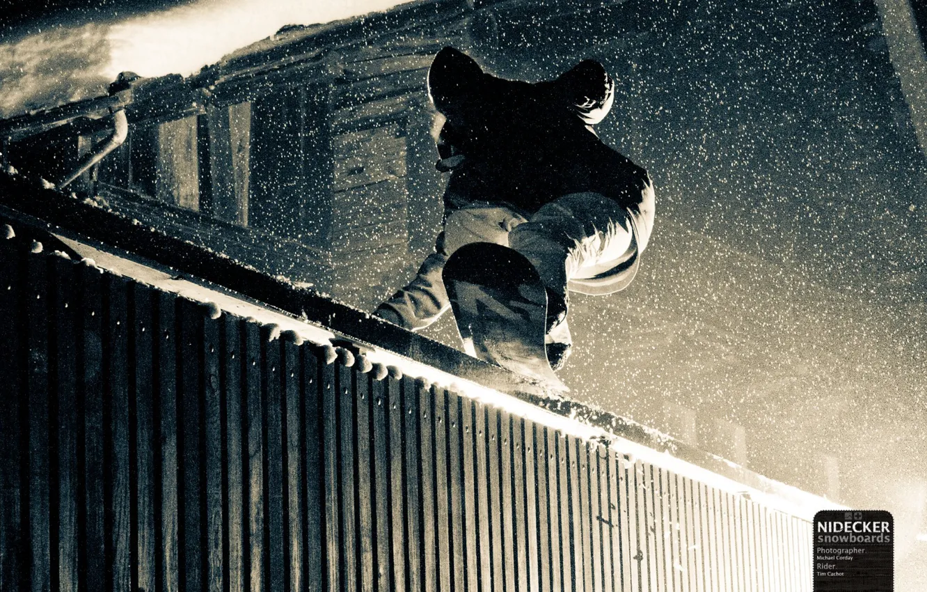 Фото обои снег, сноуборд, забор, snowboard, снегопад, адреналин, темень, street