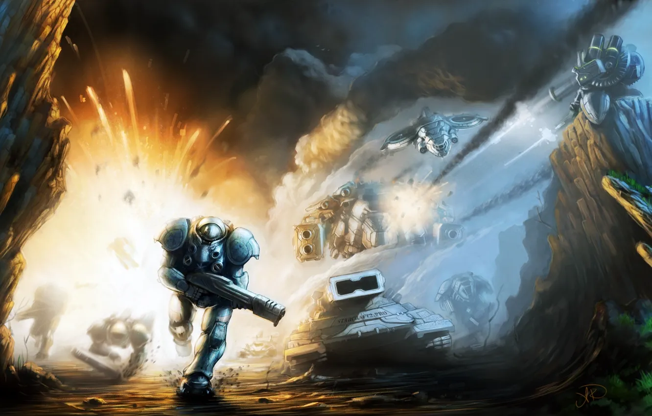 Фото обои взрыв, оружие, пушки, Starcraft 2, пехотинец, танки