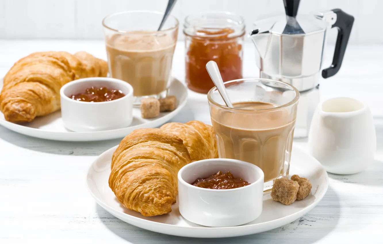 Фото обои кофе, завтрак, джем, круассаны