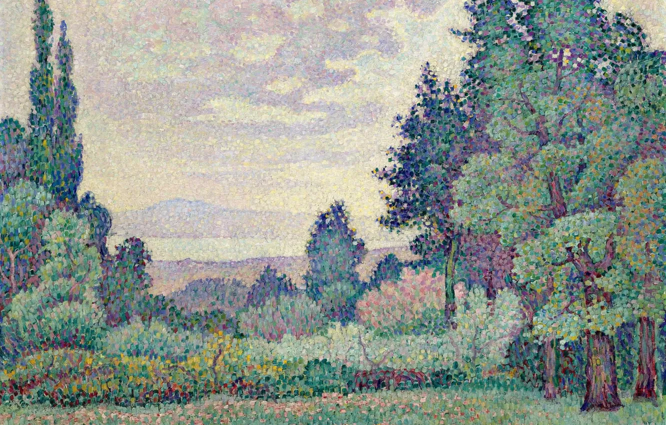 Фото обои картина, 1905, пуантилизм, фовизм, Jean Metzinger, Жан Метценже, Пейзаж с Двумя Кипарисами