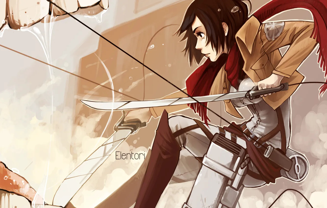 Фото обои девушка, меч, воин, пасть, shingeki no kyojin, mikasa ackerman, Attack on Titan, Вторжение Титанов