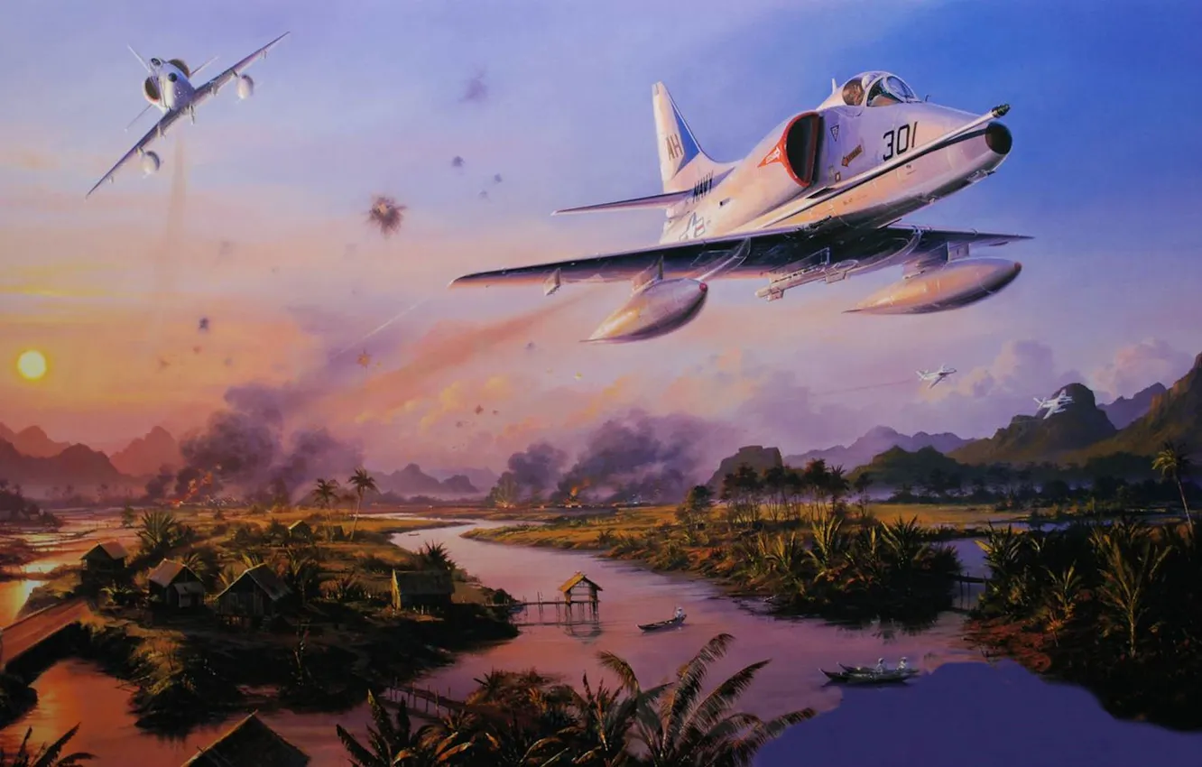 Фото обои рисунок, поля, арт, пара, полёт, штурмовик, вьетнам, Douglas