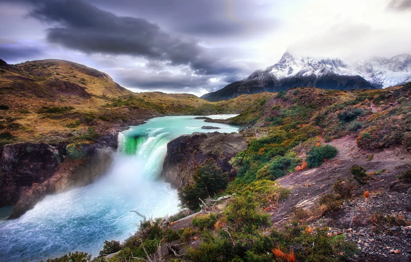 Фото обои горы, природа, река, водопадик