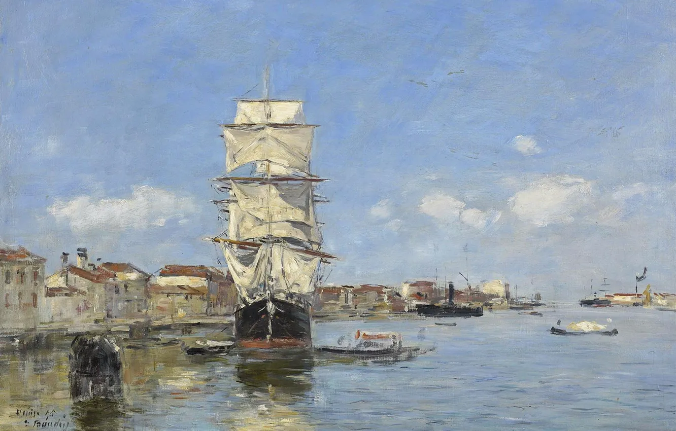 Фото обои корабль, картина, парус, Эжен Буден, Eugene Boudin, Венеция. Судно у Причала. Канал Джудекка