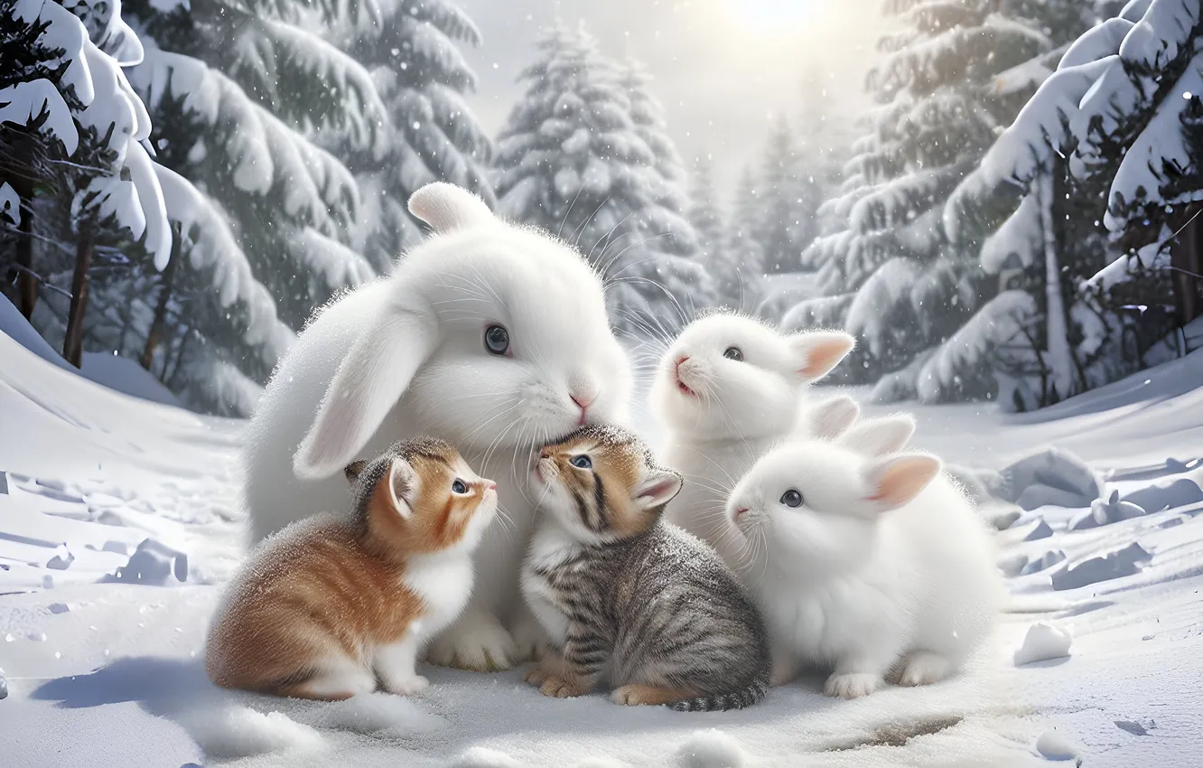 Фото обои зима, снег, кошки, кролик, котята, кролики, белые, детеныши