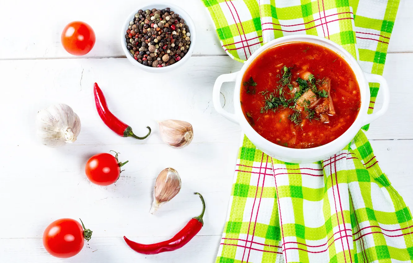 Фото обои суп, перец, овощи, помидоры, специи