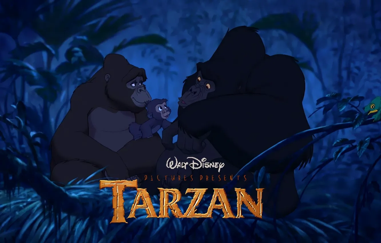 Фото обои лес, мультфильм, обезьяны, дисней, Тарзан, гориллы