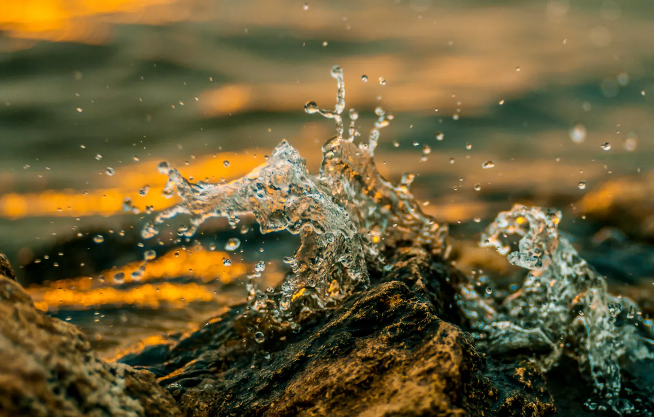 Фото обои вода, брызги, река, камень