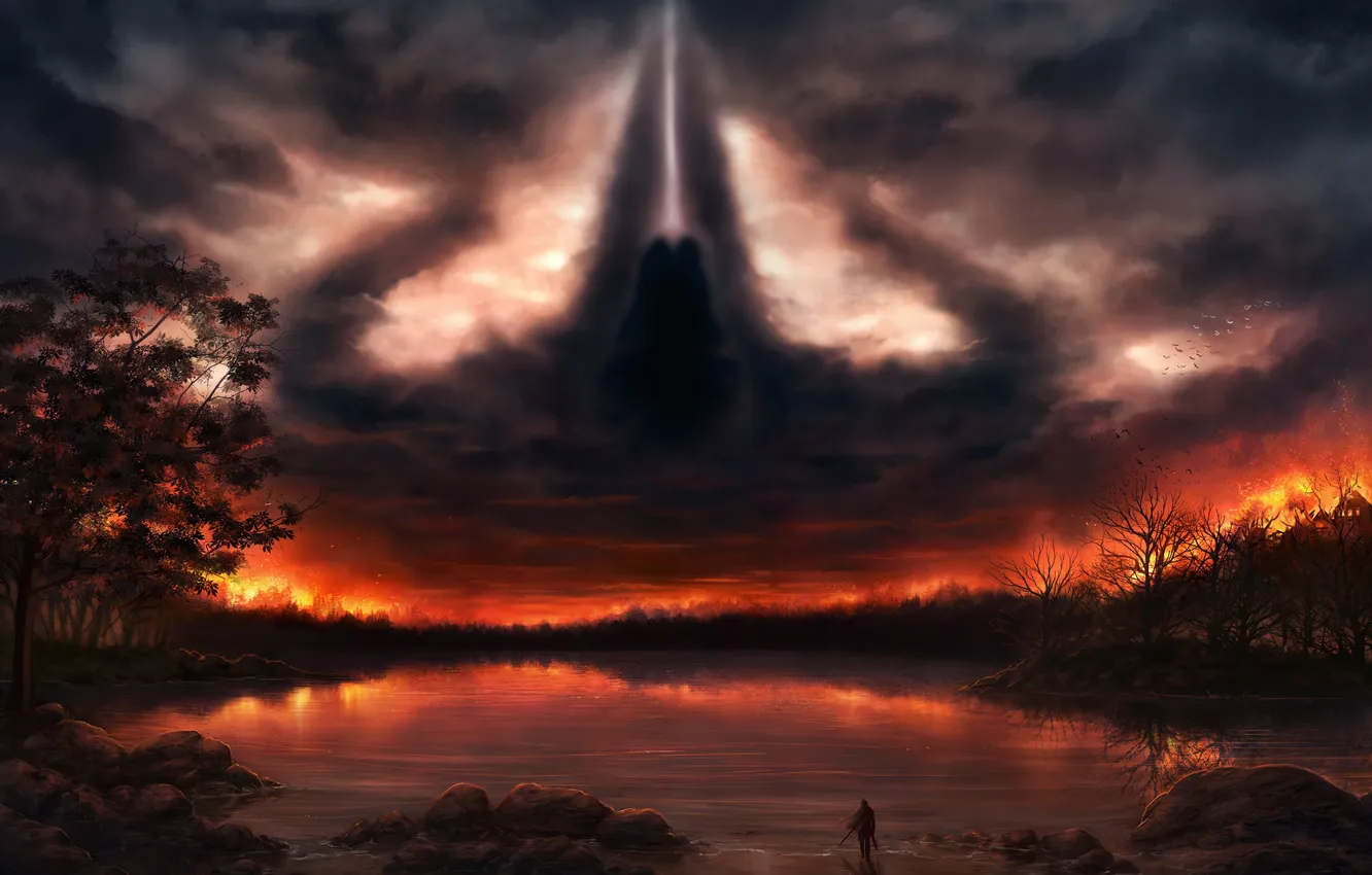 Фото обои небо, закат, тучи, человек, меч, капюшон, Diablo 3, Reaper of Souls