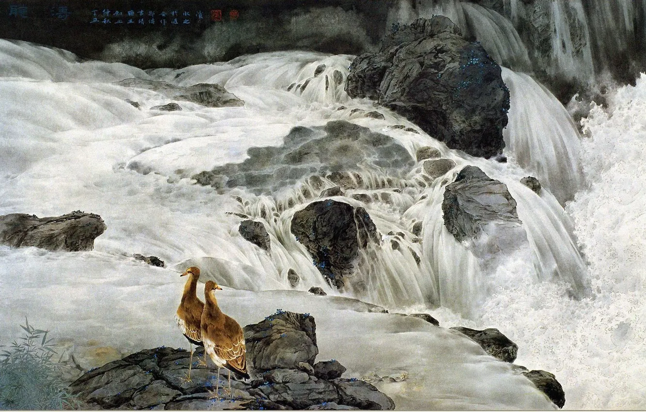 Фото обои птицы, река, камни, рисунок, водопад, арт, иероглифы, китайская живопись