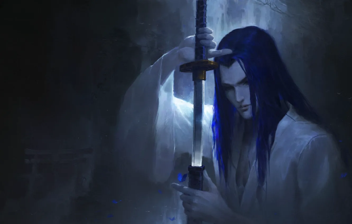 Фото обои катана, самурай, длинные волосы, ножны, в темноте, by Leo, Samurai Shodown, Tachibana Ukio