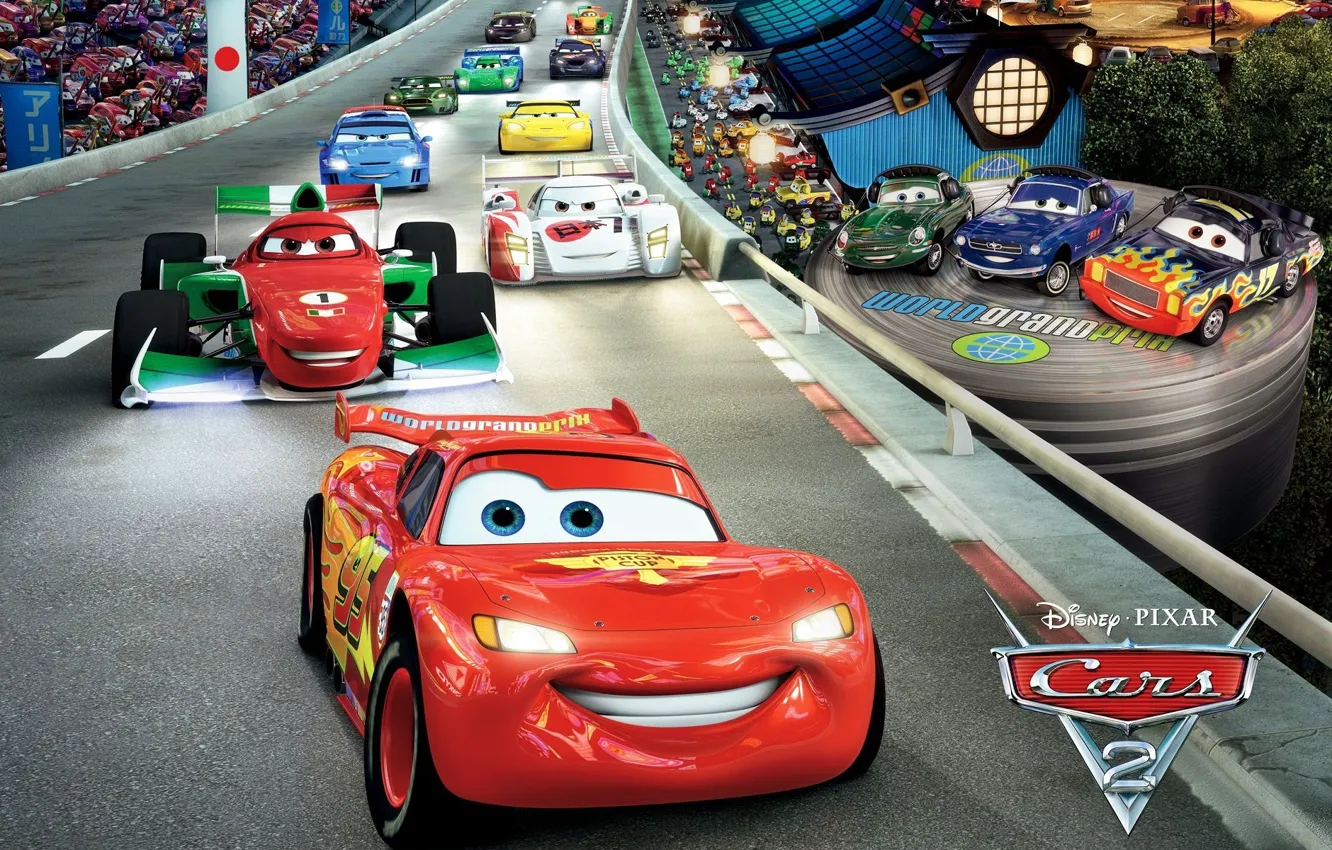 Фото обои молния, pixar, трек, спорткары, Cars 2, тачки 2
