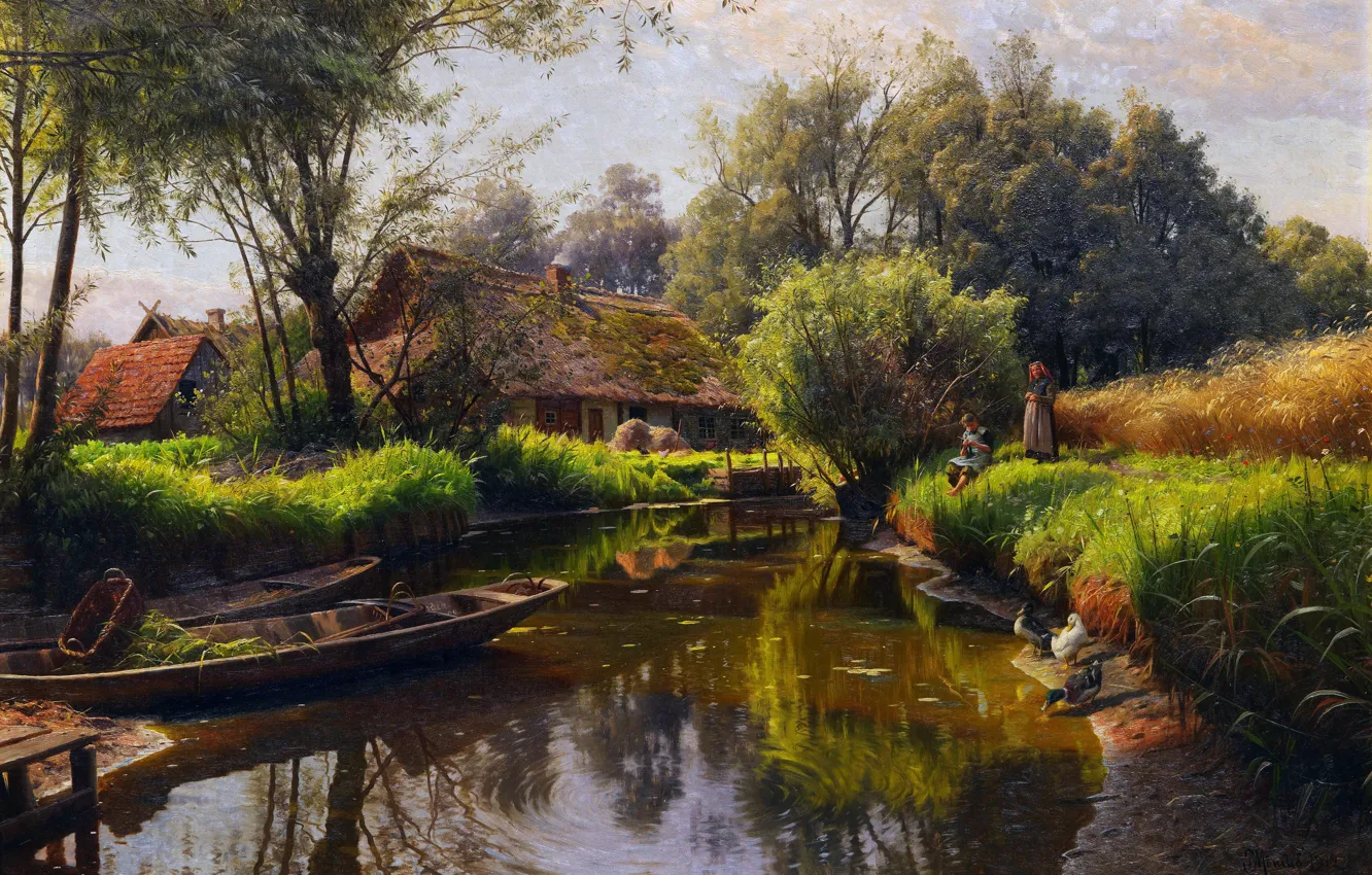 Фото обои Деревья, Лодка, Дом, Картина, Речка, Peder Mork Monsted, Петер Мёрк Мёнстед, Peder Mørk Mønsted
