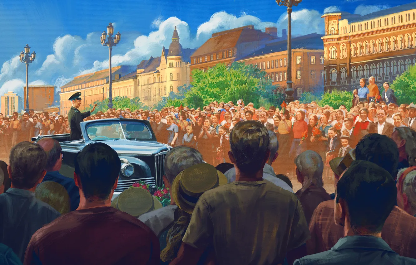 Фото обои Люди, СССР, Праздник, Автомобиль, Арт, Юрий Алексеевич Гагарин, Встреча, Юрий Гагарин