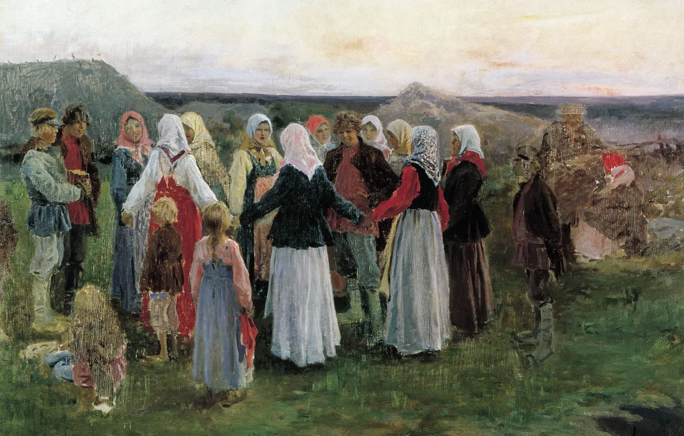 Фото обои девушки, масло, парни, платки, Алексей СТЕПАНОВ, на деревне, Хоровод. Холст