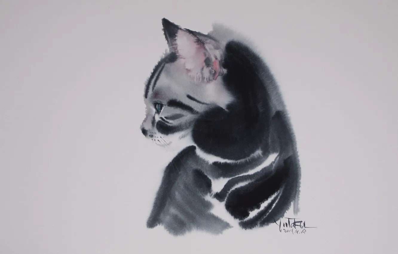 Фото обои акварель, серый фон, art, полосатая кошка, Yutaka Murakami