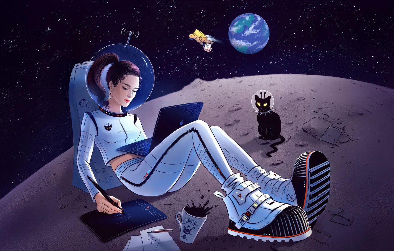 Фото обои girl, moon, laptop, astronaut
