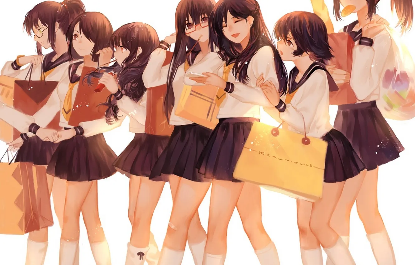 Фото обои девушки, аниме, арт, очки, форма, школьницы, пакеты, joseph lee