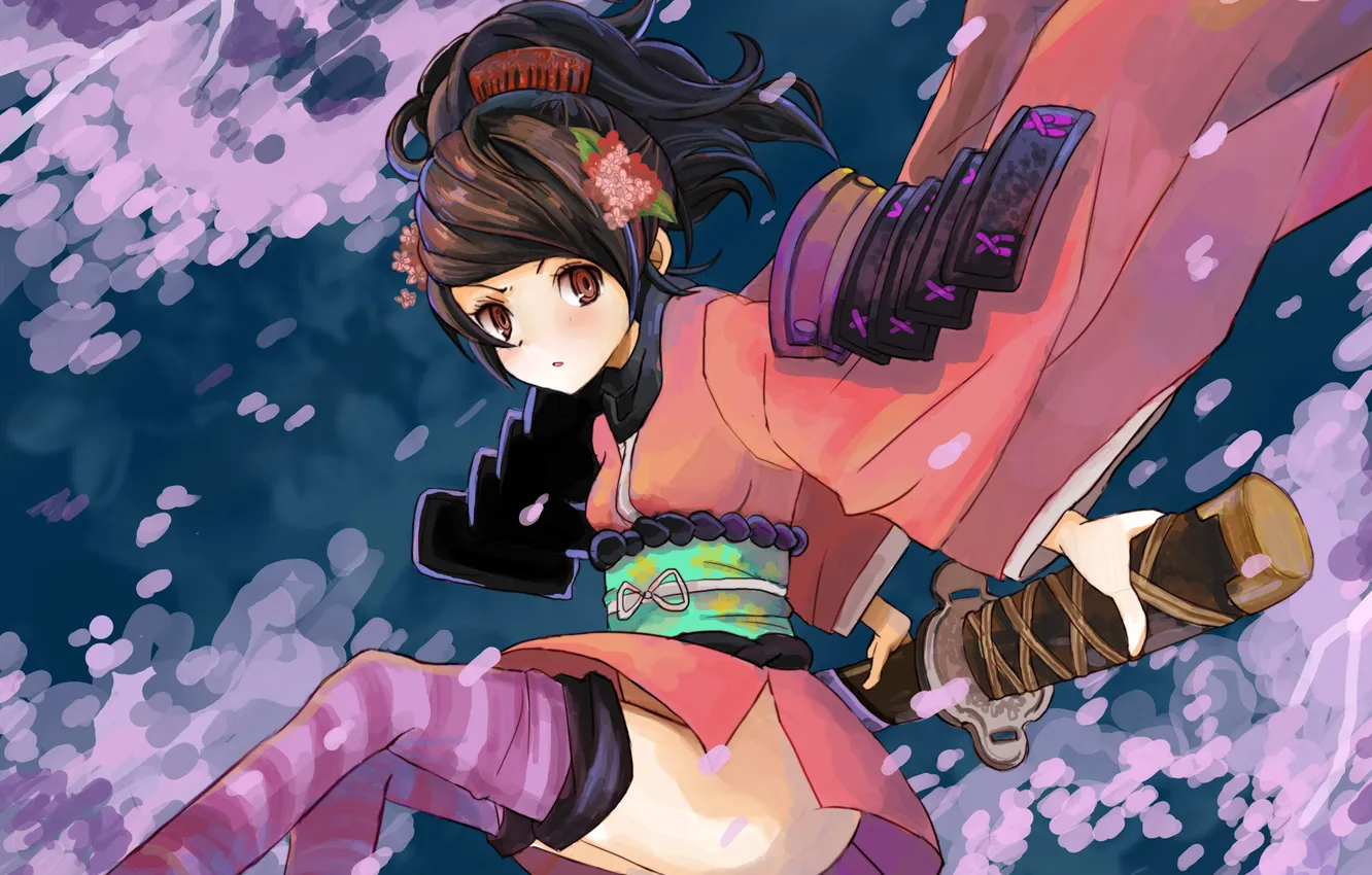 Фото обои взгляд, девушка, полет, оружие, удивление, меч, сакура, кимоно