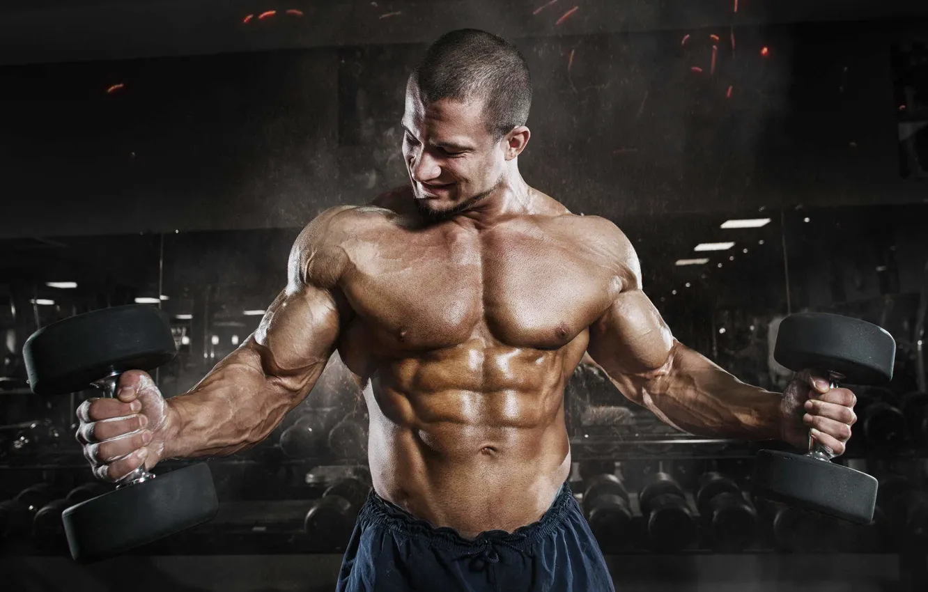 Фото обои muscle, мышцы, пресс, pose, гантели, gym, бодибилдер, abs