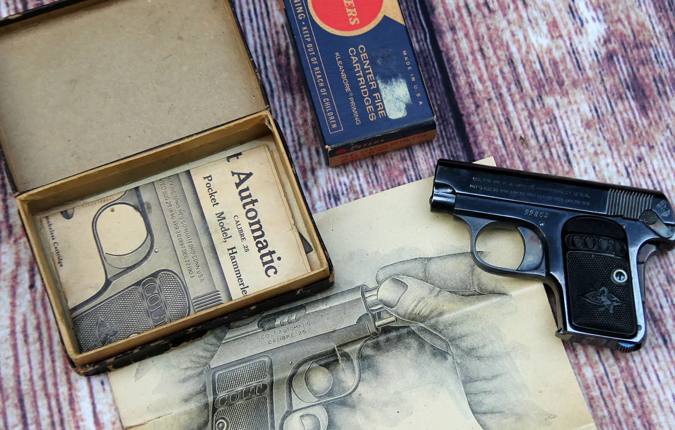 Фото обои пистолет, коробка, Colt, полуавтоматический, инструкция, Model 1908, карманный, Vest Pocket
