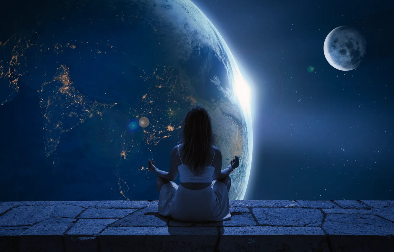 Фото обои девушка, космос, звезды, свет, ночь, пространство, поза, рендеринг