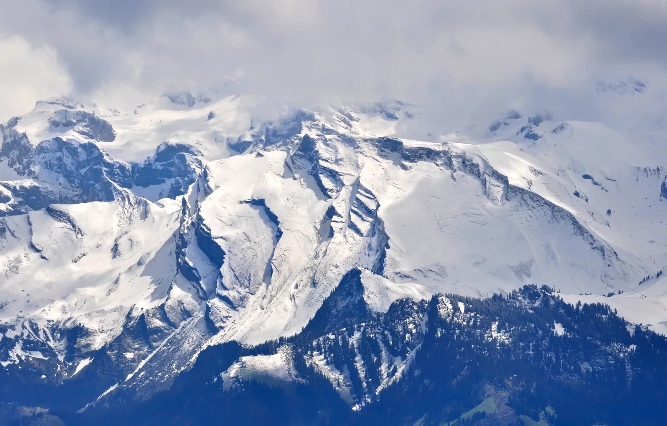 Фото обои небо, облака, снег, горы, вершины, склон