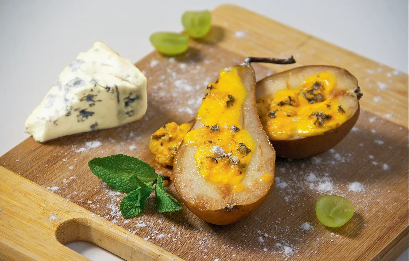 Фото обои сыр, виноград, груши, мята