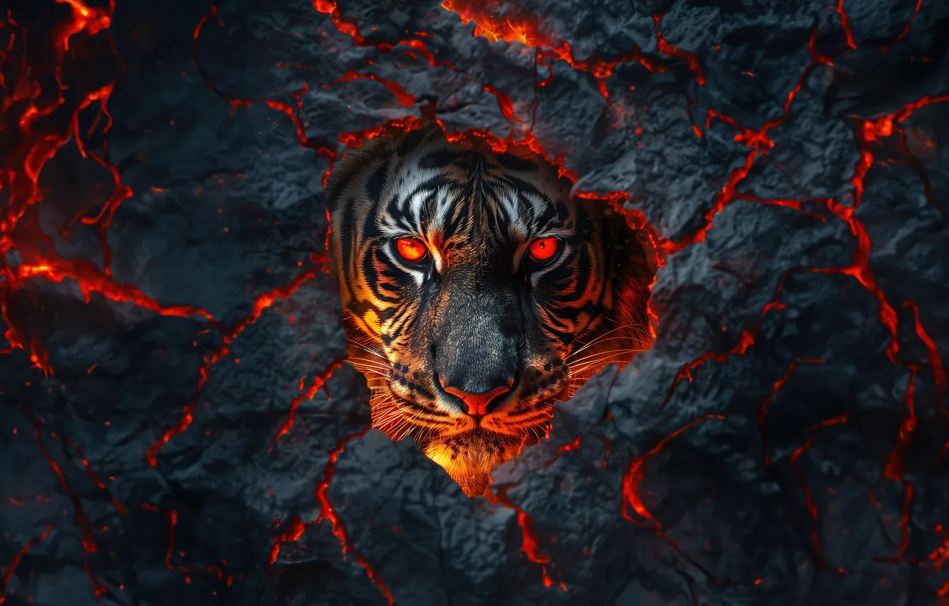 Фото обои wallpaper, Tiger, Head, Graphics, Lava, AI Art