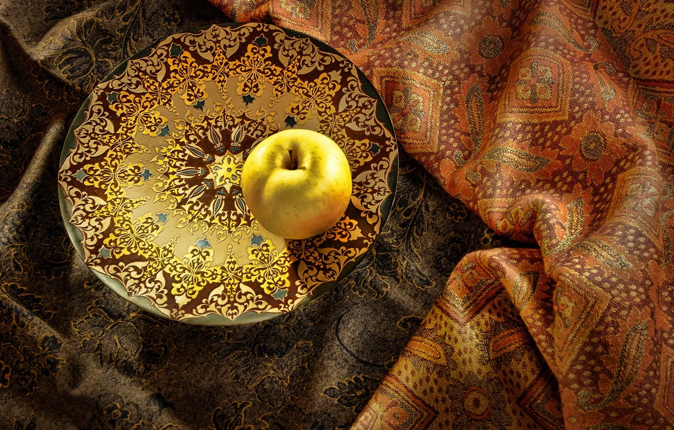 Фото обои тарелка, натюрморт, ткани, яболоко