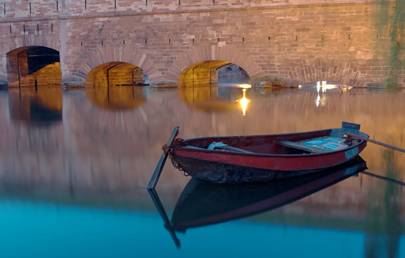 Фото обои вода, мост, лодка, вечер, канал, Страсбург