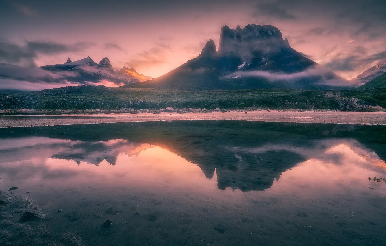 Фото обои закат, горы, озеро