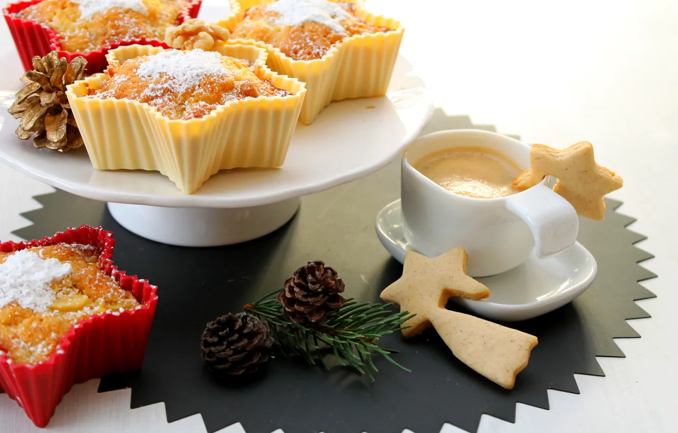 Фото обои праздник, кофе, еда, печенье, Рождество, чашка, торт, Новый год