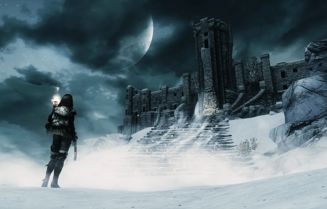 Фото обои зима, замок, крепость, Skyrim